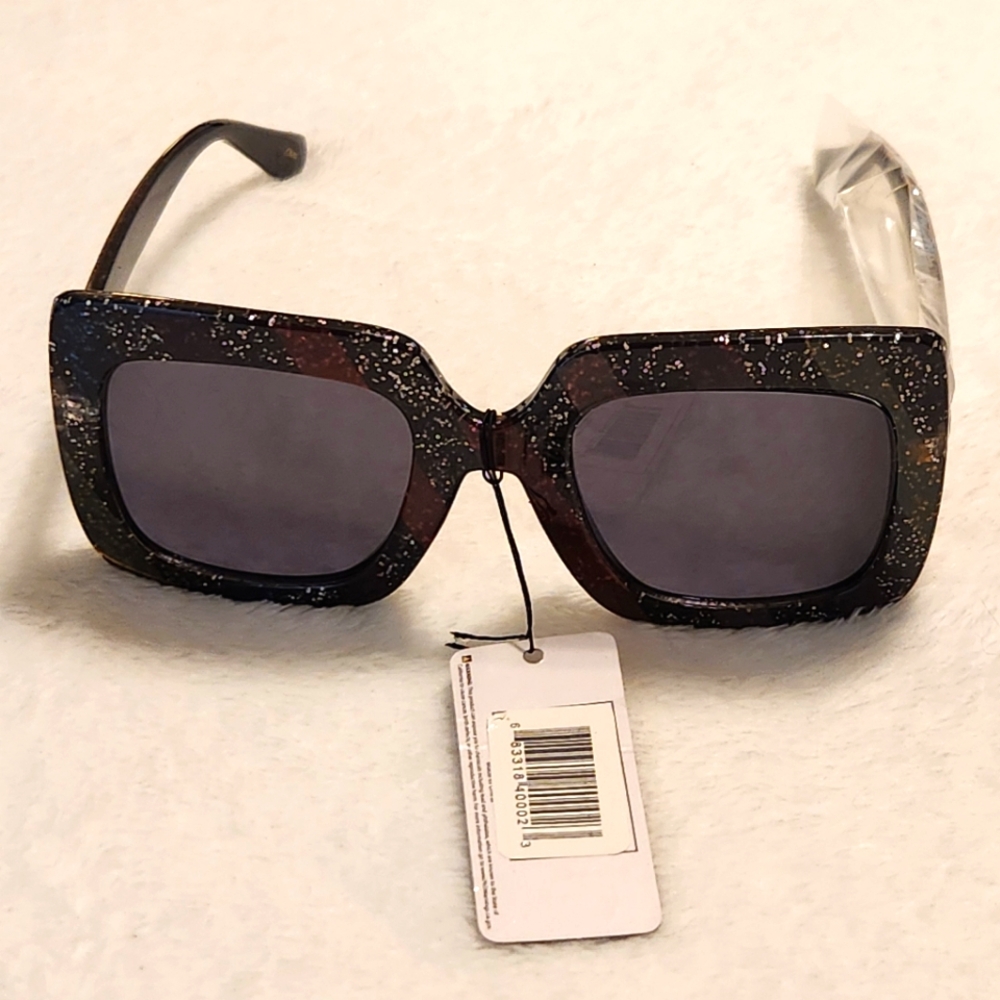 😎Sunglasses Black with Silver Glitter and Multicolored Stripes Gray Lenses NEW - Picture 3 of 6